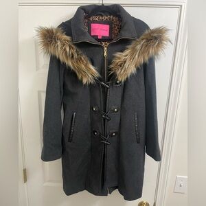 Betsey Johnson Charcoal Coat with Faux Fur Trim